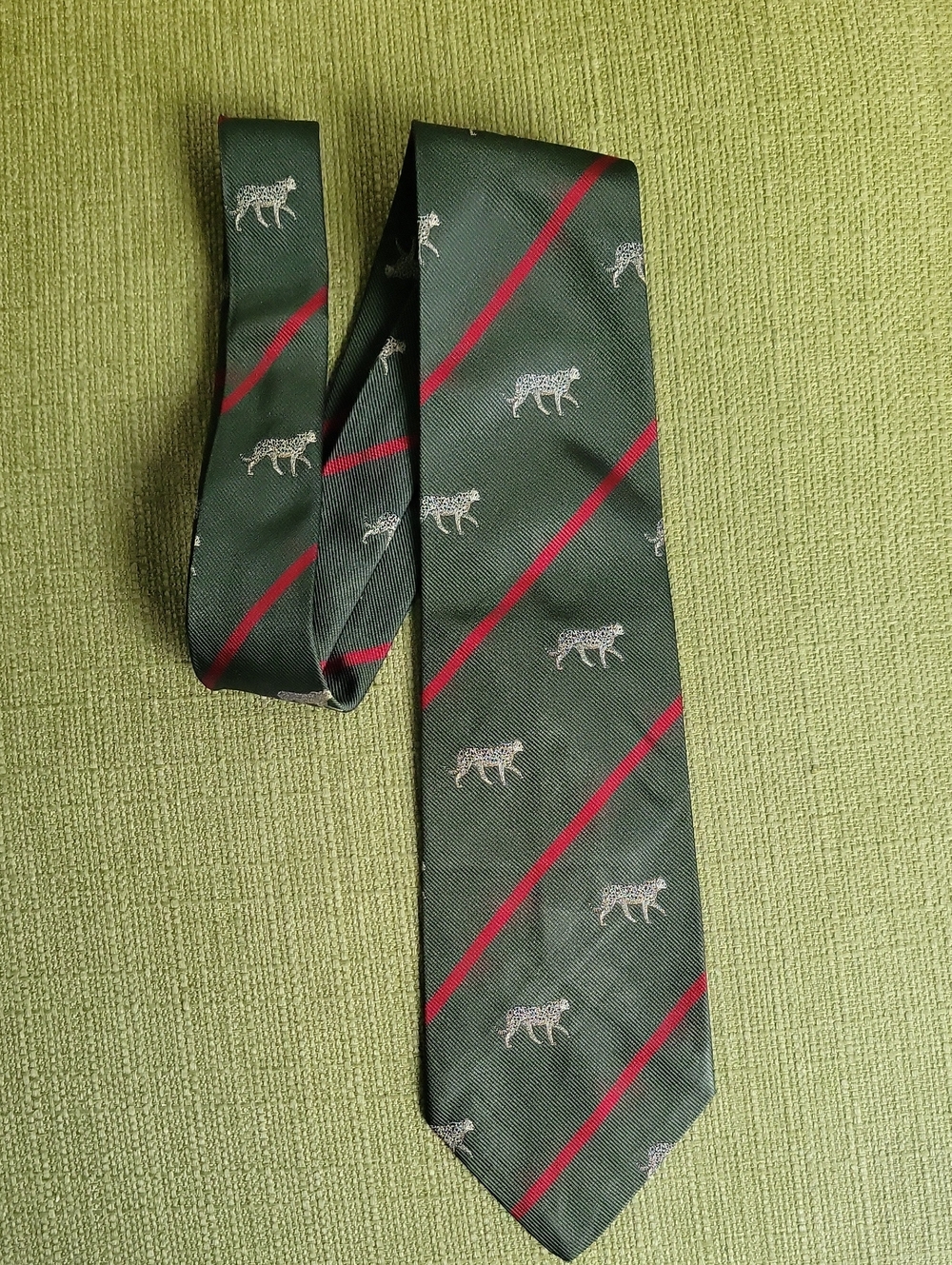 Men's Green Silk Tie with Red Stripe and Animal Motif